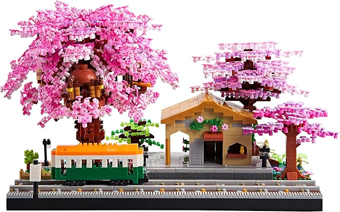 Japanese Cherry Blossom Tree Flower House Micro Building Blocks Set for Adults Bus Station Mini Bricks Model Treehouse Decorative Architectural