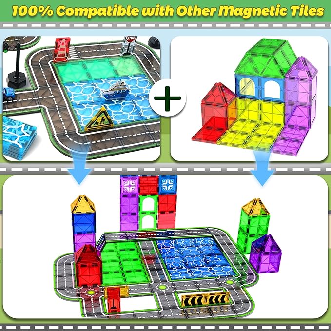 Magnetic Road Tiles Set with Pull-Back CarsMagnet Building Blocks for Kids Ages 4-8 with Magnetic Ship &amp Traffic LightsSTEM Educational Preschool Learning ToysIdeal Gift for Boys and Girls