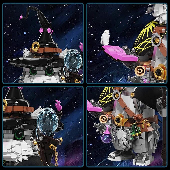 Magic School Wizard Cat Building Set 1458 Pieces Sorcerer Kitten Model Kit with Magic Staff Flying Golden Ball &amp Owl Fantasy Animal Construction Toy Witchy Home Decor Gift for Adults &amp Teens
