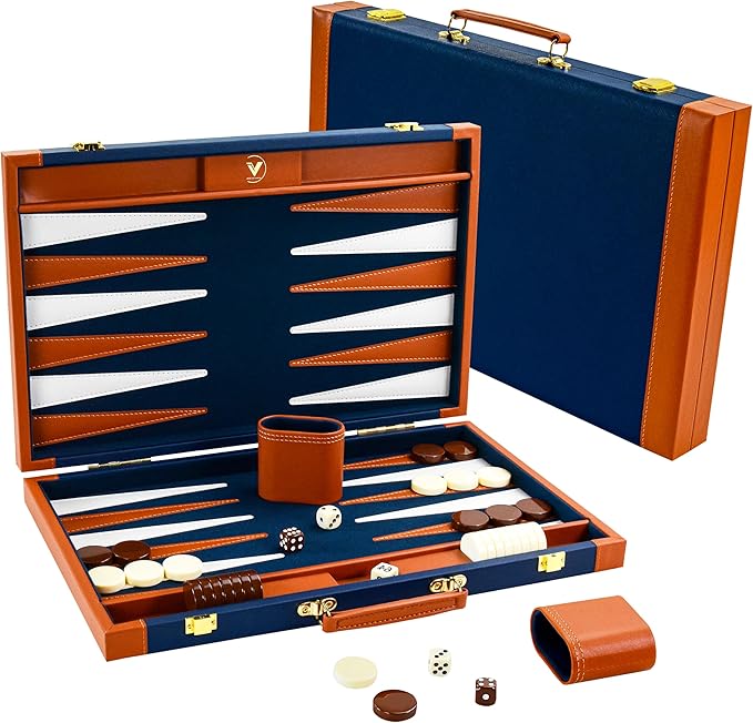 Backgammon Sets for Adults Large Backgammon Board Games Set 17.5 Inch Premium PU Leather Backga mon Game Portable Backgammon Case for Travel Classic Board Strategy Game Gifts Dark Blue