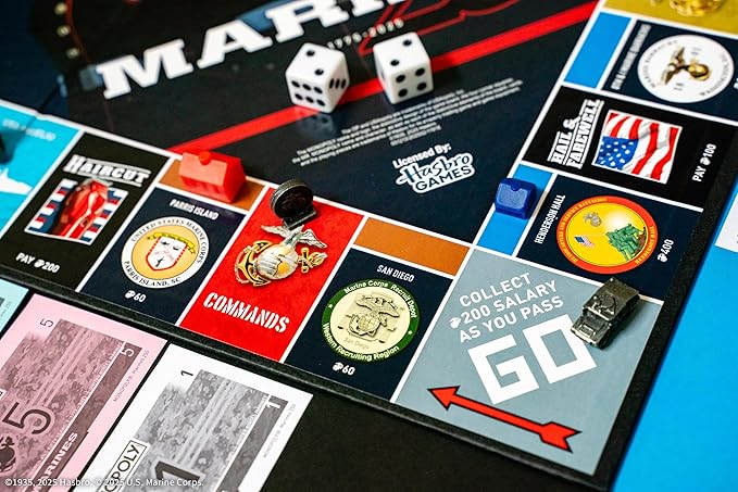 Monopoly: Marines 250th Anniversary Edition Celebrate 250 Years Buy Bases Worldwide and Upgrade with Tents &amp Barracks Play as Tokens: Combat Boots Bulldog &amp More Officially Licensed Merc