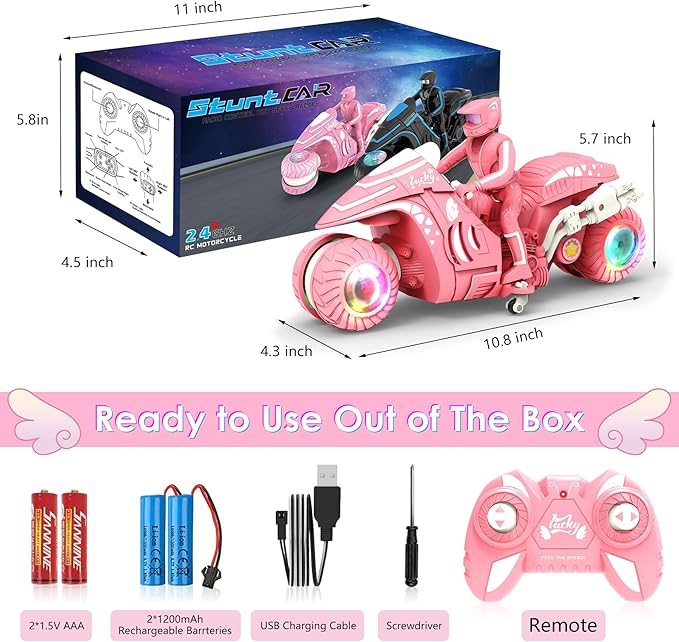 RC Motorcycle Toy with RGB Wheels Light 360° Rotation High Speed Remote Control Dirt Bike with Rider 2.4Ghz Off-Road Kids' Play Motorcycles for Girls Boys Age 5-12