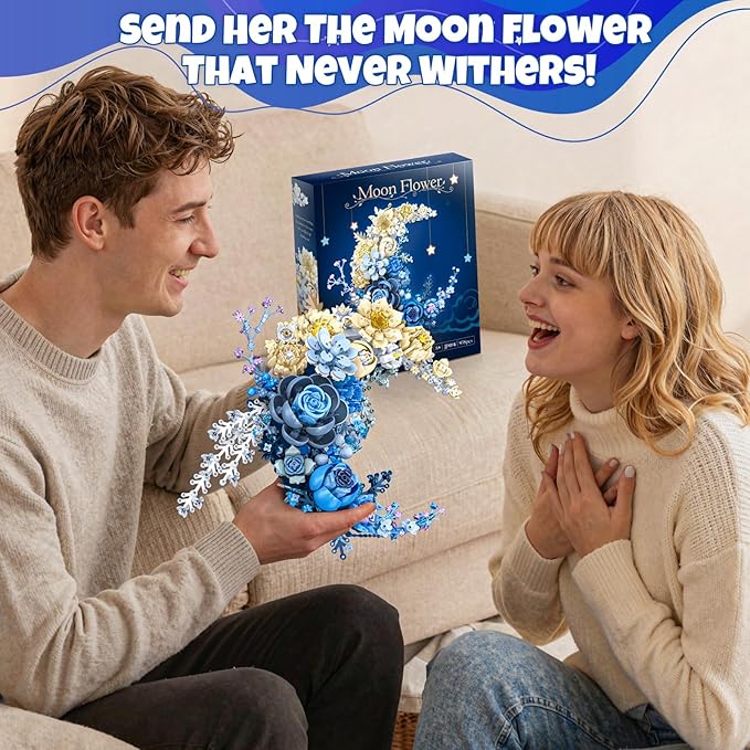 Blue Moon Flower Building Set Botanical Collection Kit for Adults Women Girls 14+ Crescent Moon Floral Wall Art Display for Home Office Table Decor Christmas/Valentines for Her