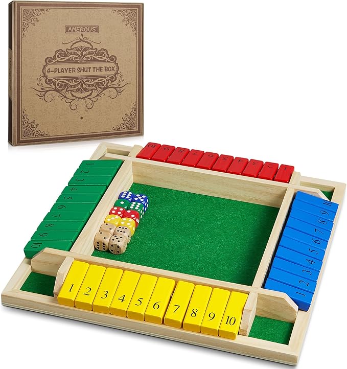 AMEROUS Shut The Box Dice Game-12 inches-Colorful Design-1-4 Players-12 Dice-Gift Package Classic 4 Sided Wooden Board Game for Adults Kids Classics Board Game