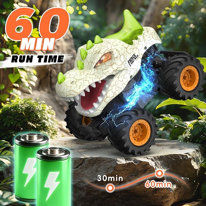 Dinosaur Remote Control Car 2.4GHz Monster Truck Toys Rechargeable RC Cars 1:24 Scale RC Truck with LED Light Movable Mouth Dinosaur Cars Toys for Kids 6-8 8-12 Birthday Gift Orange