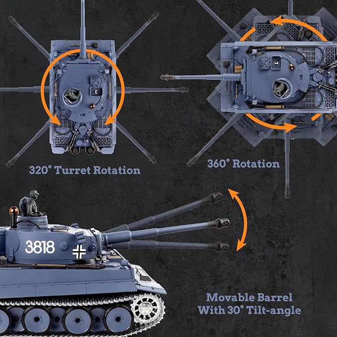 1/16 RC Tank Heng Long Metal Tiger I Army Toy with Smoke Sound and Lights Remote Control Tank That Shoots with Upgraded Metal Tracks Idler and Sprocket Wheel Steel Gearbox Batteries*2