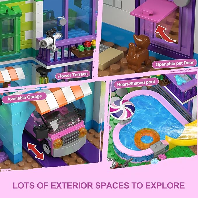HOGOKIDS Girls House Building Set with LED Light - 1317 PCS Friends Villa Block Toy with Car and Pool Garden 4 Floor Building Kit for Role Play Birthday Gift for Girls Boys Kids Ages 8-14+