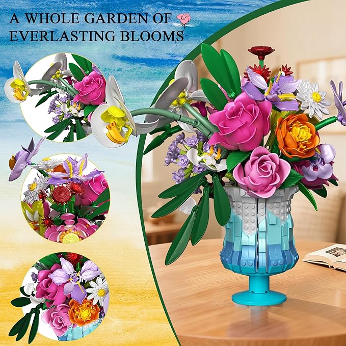 Flower Building Set with Vase Artificial Botanical Flower Set for Adults Women Home Décor Display Romantic Gift for Christmas Valentine’s Day Compatible with Lego Flower 956 PCS