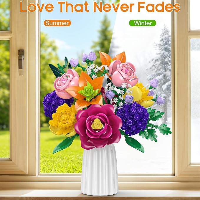 zinat Flower Building Blocks Set 933PCS Aesthetic Botanical Construction Kit DIY Artificial Flower Decor Home Desk Decor Elegant Home Display for Women and Girls Ages 8+