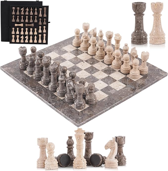 Marble Chess Set 15 Inches Handmade Oceanic &amp Travertine Luxury Board Games for Adults Ideal Marble Chess Board Game Set Chess Pieces &amp Storage Box for Gifts &amp Home Decor