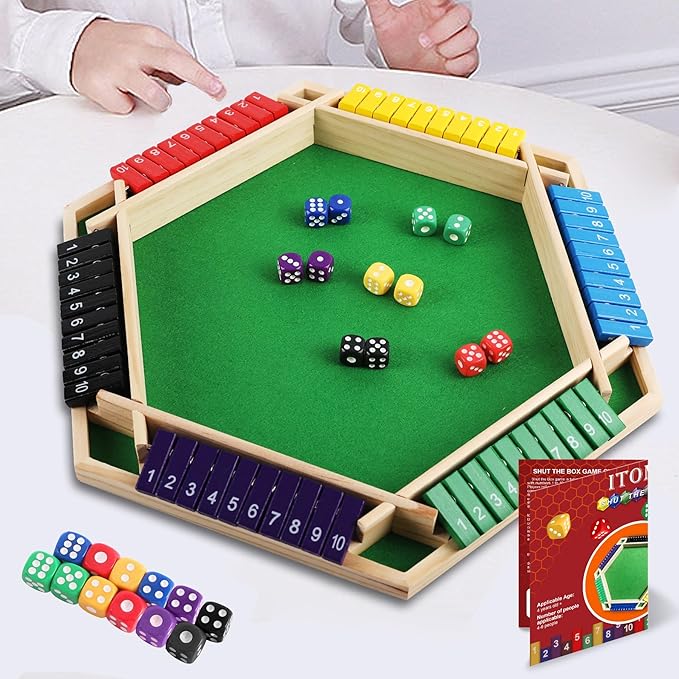 Shut The Box Game Wooden 1-6 Players Dice Board Game for Adults and Kids 10 Numbers Math Games - Educational and Entertaining Classic Table Flip Blocks for Family Game Night