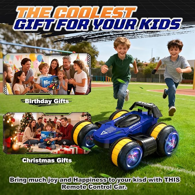 RC Stunt High Speed Remote Control Car 25km/h 360°Rotating RC Drift Car with Lights Blue 2.4 GHz Upright Walking 4WD Toy Cars for Kids Age 4-8 8-16 Boys Girls Christmas Birthday Gifts