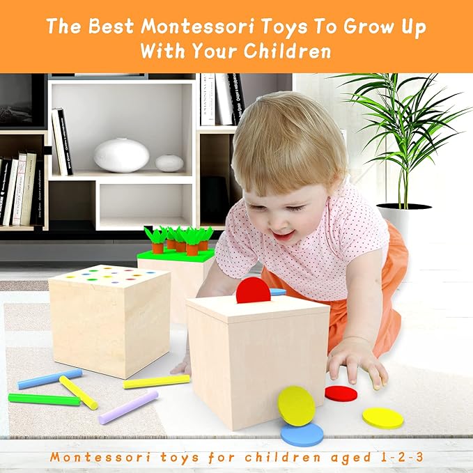 Adena Montessori 3 in 1 Wooden Montessori Play Kit Baby ToysIncludes Matchstick Color Drop GameCarrot Harvest Game and Coin BoxLearning Toy for Kid 123 Year OldGirl Boy Gift for Baby 6-12 Month