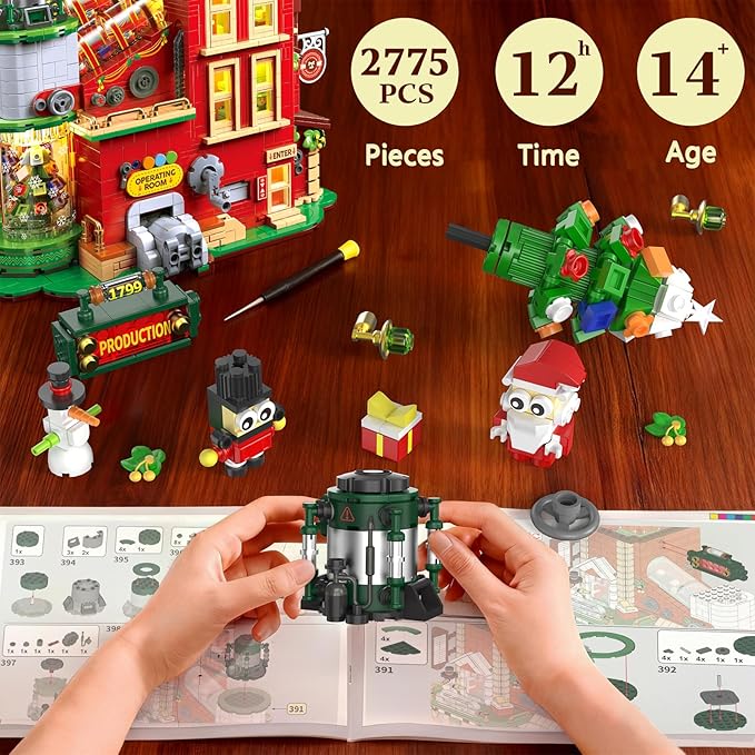 Christmas Factory Building Blocks Set 2775PCS Light-Up DIY Holiday House Construction Toy for Adults Teens Boys &amp Girls Collectible Christmas Village Display Model Holiday Décor &amp Gift Id