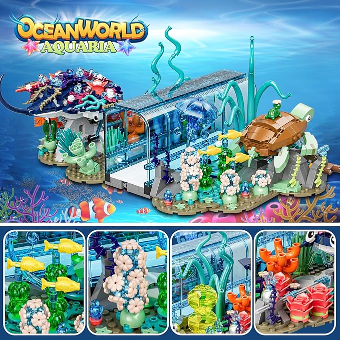 Aquarium Building Blocks Set Compatible with Lego Fish Tank Creative Foldable 2 Styles Ocean Fish Animals Building Blocks Toys Gift for Adults Boys Girls 8-12+ Including Marine Turtle Jellyfish