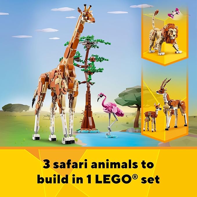 LEGO Creator 3 in 1 Wild Safari Animals Rebuilds into 3 Different Safari Animal Figures - Giraffe Gazelle or Lion Toy Nature Toy Building Set for Kids Ages 9 Years Old and Up 31150