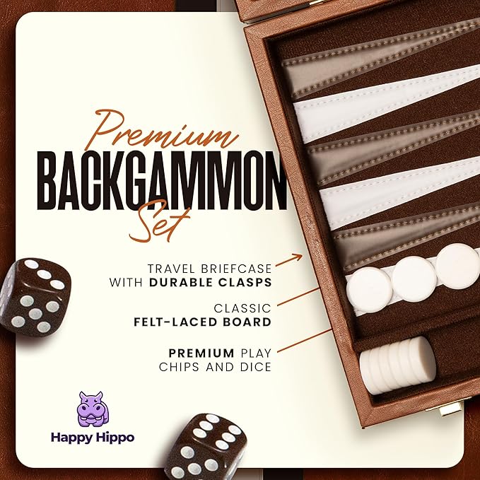 Backgammon Board Game Deluxe Leather Like Case Felt Interior Brown Classic Backgammon Game Popular Board Game Board Games (Small (11))