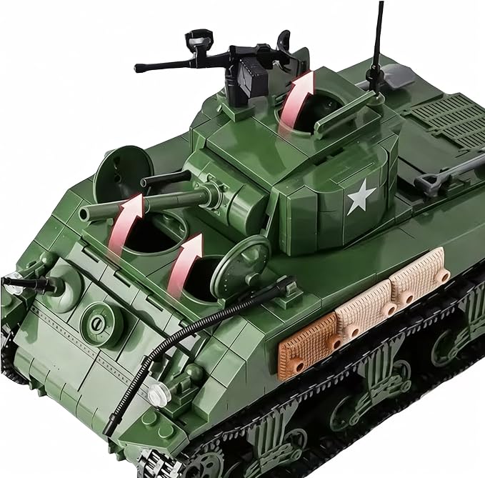 General Jim's WWII M4A1 Sherman Tank Brick Building Blocks Set 726 Pieces 1:29 Scale Rotating Turret Moving Tracks Compatible with Major Brands GJ-USSH