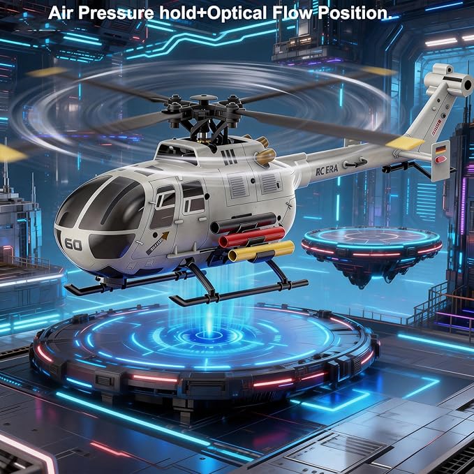 C186S Upgraded Version 6CH Remote Control Helicopter for Adults 14y+ Beginner Expert Aileronless BO-105 Air Pressure Hold Optical Flow Position Aerobatic Flight 6-Axis Gyroscope (Grey 2 Batteries)