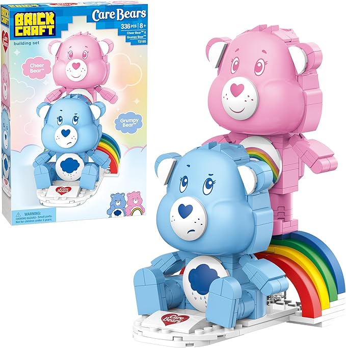 Brickcraft Care Bears Building Bricks Set 336 Pieces Cheer Bear and Grumpy Bear with Rainbow Base Cute Collectible Gift for Kids and Fans Holiday Xmas Christmas Decoration Display Toy