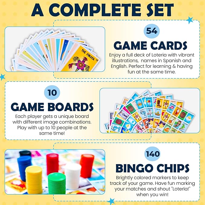 ELIASM Loteria Mexican Bingo Game - Bilingual English Spanish Game for 10 Players for Kids 5+ Adults &amp Seniors Educational Learning Game for Preschool Kindergarden Classroom Family Board Games
