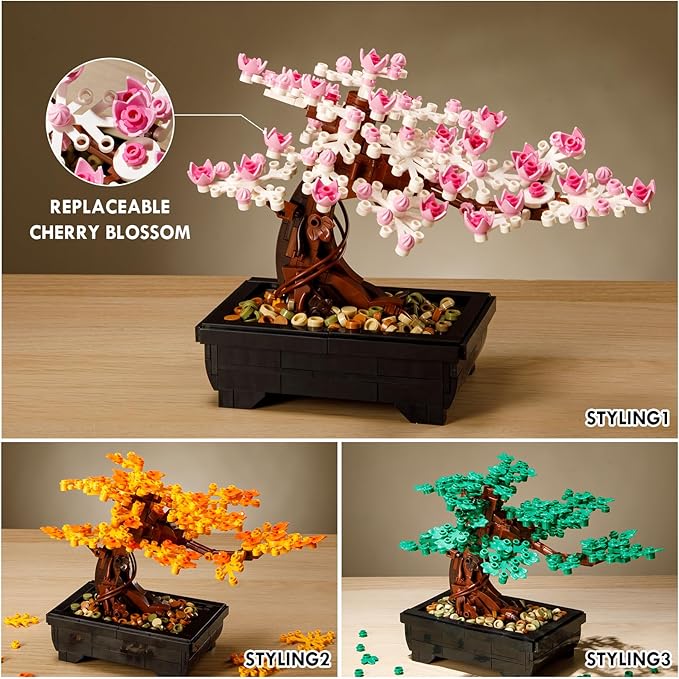 Vamuss 3-In-1Le-go Bonsai Tree Building SetCherry Blossom Tree Building SetDIY Plant Model Botanical Collection Design Kit for AdultsCreative Gift for Home Décor and Office Art