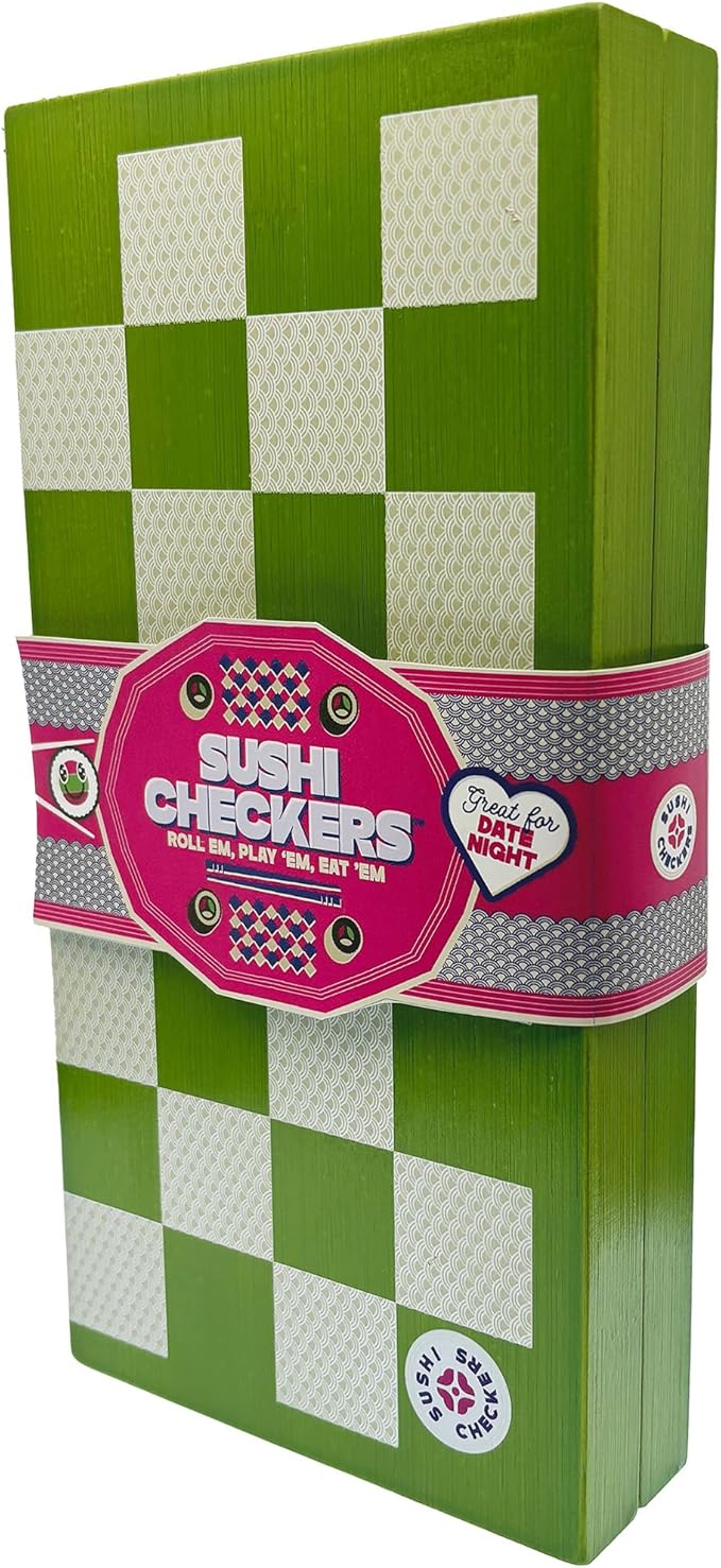 Project Genius: Sushi Checkers - Game &amp Sushi Making Set Folding Bamboo Game Board 24 Checkers &amp Chopsticks Set Adults &amp Kids Ages 8+ 2 Players