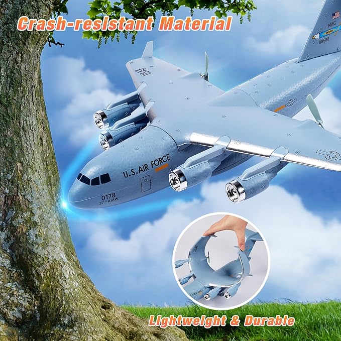 RC Airplane 2CH RC Plane Ready to Fly 2.4GHz C-17 Remote Control Airplane with 6-axis Gyro Stabilizer Globemaster III Military Transport Aircraft for Beginners Boys Kids Adults Patent Pending
