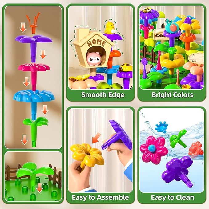 145 Pcs Toys for 3 Year Old GirlToddler Gardening Set Flower Garden Toy Girls Building Sets Best Educational Learning Fine DIY Crafts Stem Construction Stacking Kitfor 3 4 5 6 7 Years Kids
