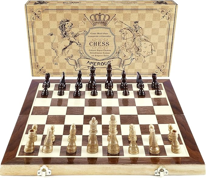 AMEROUS Chess Set 15x15 Folding Magnetic Wooden Standard Chess Game Board Set with Wooden Crafted Pieces and Chessmen Storage Slots