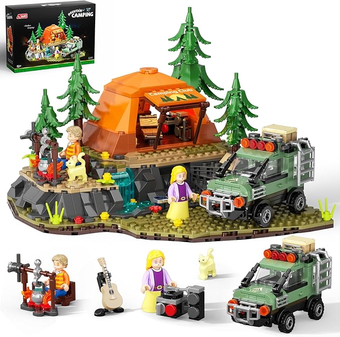 Mountain Camping Building Blocks Set - 677PCS Outdoor Adventure Scene Construction Toy with Tent Camping Car &amp Campfire Desktop Decoration for Kids &amp Adults Creative Gift for Camping Lovers