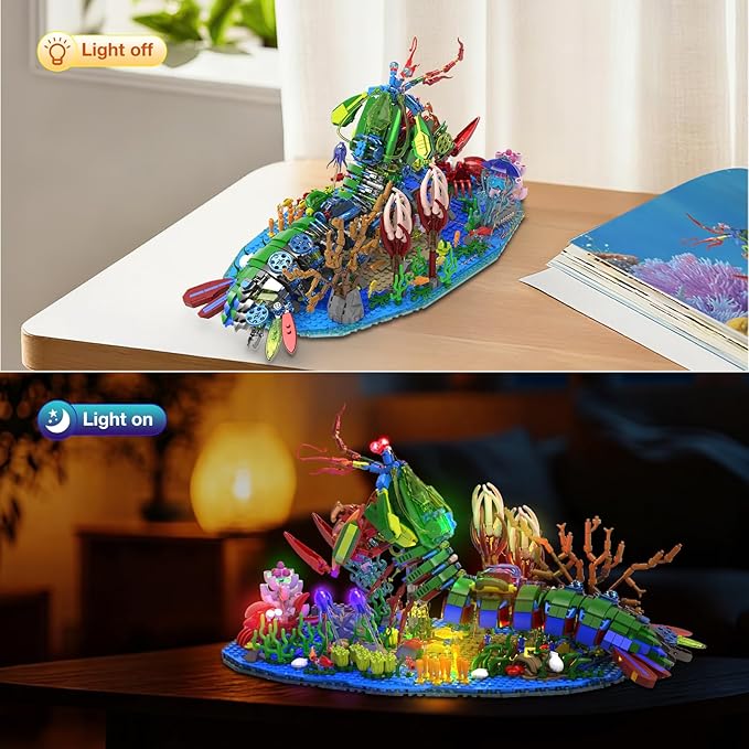 JMBricklayer Mechanical Mantis Shrimp Building Blocks Set with LED Lights Sea Creatures Ocean Animal Model Building Toys with Jellyfish Crabs Coral Reef Sea Creative Display Gift for Adults Kids 14+