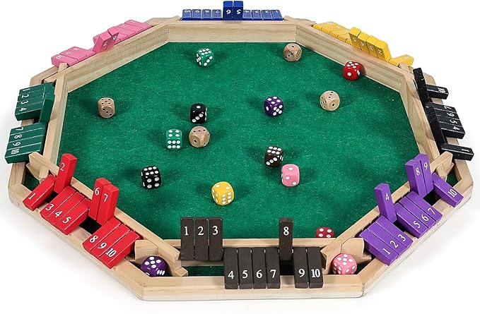 Vamslove Upgraded 2-8 Players Shut The Box Dice Game-Colorful 8-Way Wooden Board Table Math Game with 16 +6 Dices - Close The Box for Kids Adults Families Party Club (Instruction Included)