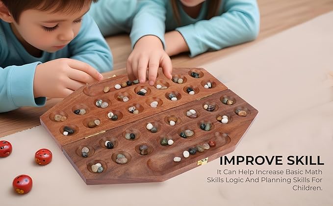 Ajuny Wooden Mancala Board Game Set – Classic Board Games Portable Folding Travel Mancala Board with Marbles (96 Stones) Ideal Family Wooden Games for Adults &amp Kids