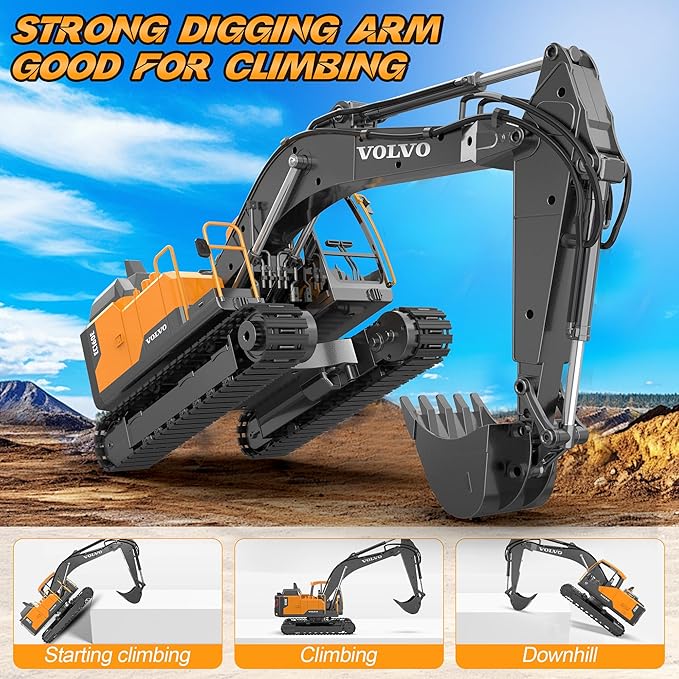 DOUBLE E Volvo 1:16 Scale RC Excavator 3-in-1 Construction Toys with 360° Rotation Metal Shovel Drill &amp Grabber – Professional Grade Remote Control Engineering Vehicle