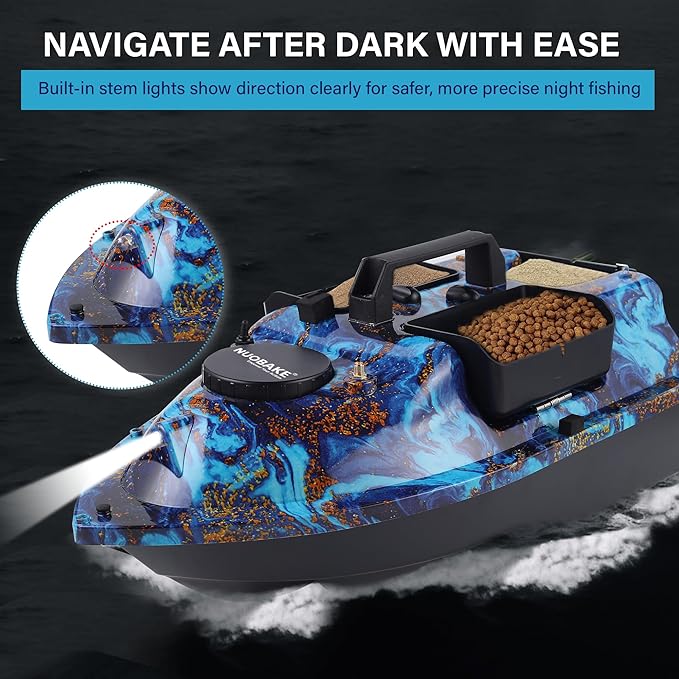Bait BoatRC Bait Boat for Fishing with GPS &amp Auto Return4.4lbs Bait Capacity 8-Hours Battery 546yd Remote Control Range Brushless Motors &amp Night LightABS Heavy-Duty Hull