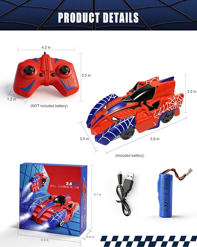 Spider Climbing Wall Cars - Rc Race Vehicle Electric Technology Toys for 3+ Years Kid 2.4 GHz Remote Control LED Light Rechargeable 360° Zero Gravity Rotating Indoor Car Birthday Gift