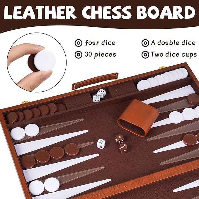 Large 3-in-1 Chess Set &amp Checkers Backgammon Set – 19 Folding Leather Chess Board with Handle Acrylic Chess Pieces &amp Checkers 4 King with 2 Extra Queens Luxury Travel Board Game Set