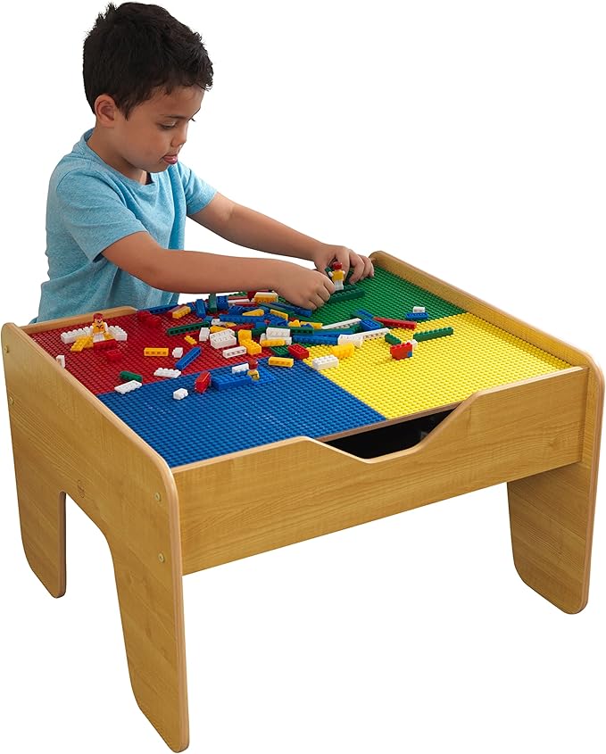 KidKraft 2-in-1 Reversible Top Activity Table with 200 Building Bricks and 30-Piece Wooden Train Set Natural Gift for Ages 3+