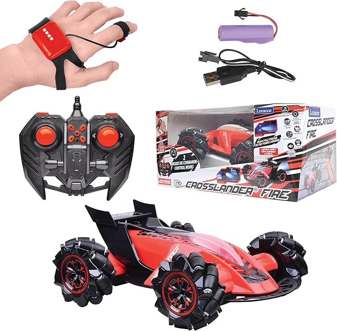 Lexibook Crosslander® Fire RC Car 12 km/h 4 Wheel Drive Smoke Jet Light and Sound Effects Remote Control and Gesture Control Bracelet Included Rechargeable RC60