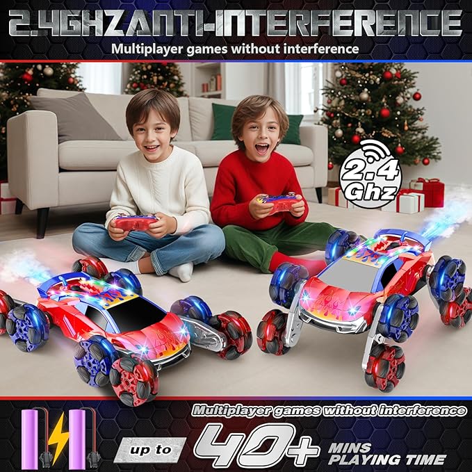 8WD Remote Control Car2.4GHz Gesture Sensing RC Stunt CarCool Spray Rotation RC Car with Lights and MusicAll Terrain Toys for Kids Ages 7 Birthday Gifts for Boys Girls(Red)
