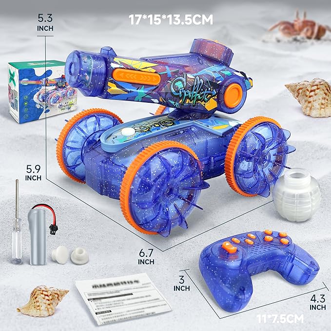 BEZGAR Pool Toys for Kids Amphibious Remote Control Car Toys for Ages 6-8 RC Stunt Car with Water Gun for Boys and Girls 8-12 Remote Control Boat with Light(Blue)