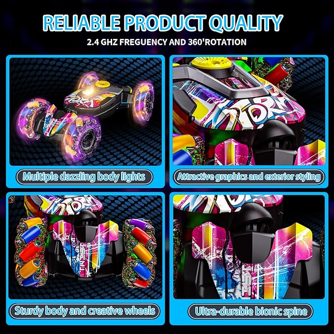 Gesture Sensing RC Stunt CarRemote Control Car Toys for Ages 5-7-13with Lights Music Spray4WD 360° Spins All Terrains Kids Toys RC Cars3-6 Year Old Boy Birthday Gift &amp 3-12 Best Gift for Kids