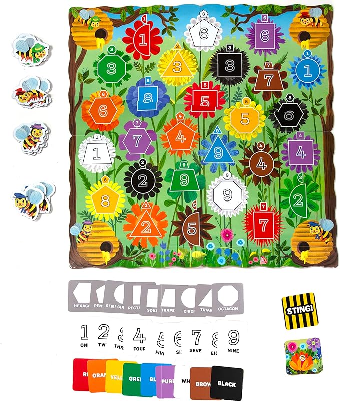 eeBoo: Bouncy Bees - Basic Skills Learning Strategy Board Game Learn Colors-Numbers-Shapes Card Set Collection Preschool Play Kids 3+ 2-4 Player