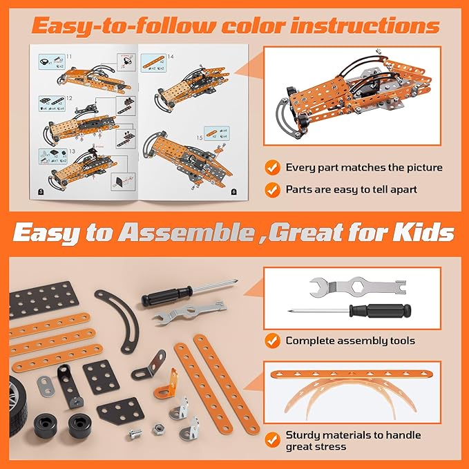 Metal Building Set Race Car Construction Kit Educational STEM Toy with Wheels Orange and Black