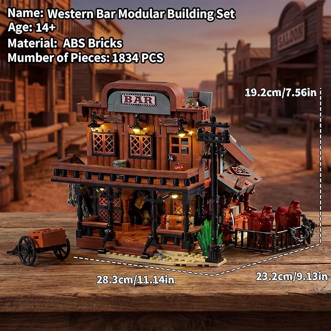 Western Bar Modular Building Set for Adults Wild West Cowboys Cabin with Horses &amp LED Lights Collection House Set for West Lovers (1834 PCS)