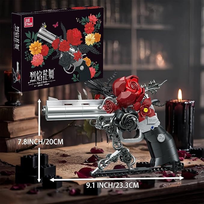 Guns &amp Petals Decorative Revolver Building Blocks with Red Roses Silver and Black Colored Art Sculpture Gothic Style Display Piece