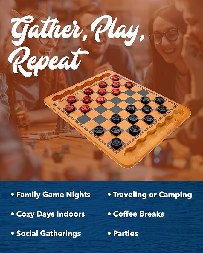 WE Games Solid Wood Checkers Board Game – 14.5-Inch Vintage Checkers Set with Inset Grooves &amp 24 Red &amp Black Board Game Pieces – Fun Family Table Game