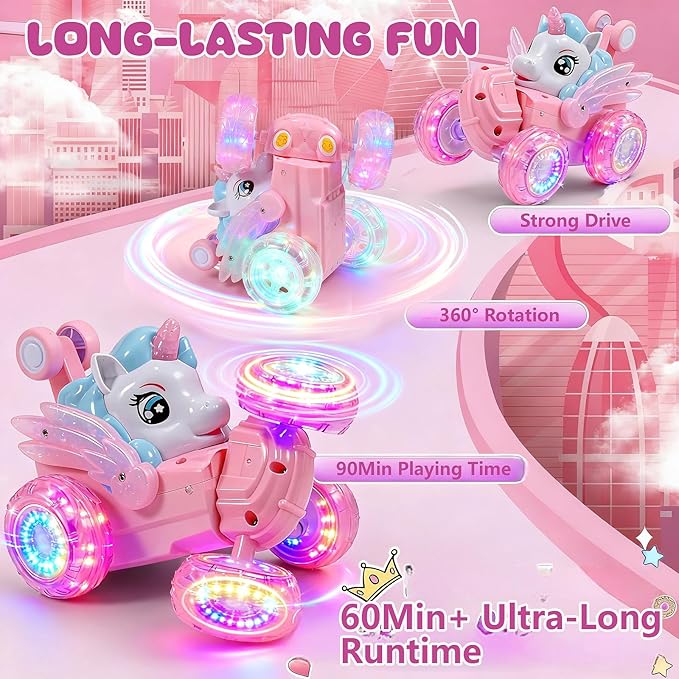 Unicorn Toys RC Car for Girls 4-6 Pink Cute Remote Control Toy for Beginner - Easy-to-Use 360°Flips Stunt &amp Cool Blinky Lights - 3 4 5 6 7 8-10 Year Old Girl Birthday Gift Idea Christmas Stuff