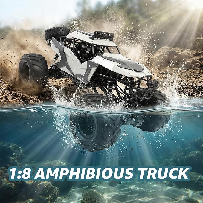 1:8 Large Amphibious RC Car – 4WD Waterproof Monster Truck Drives on Water &amp Land All Terrain Remote Control Truck with LED Lights Toy for Kids 3 Years and Up